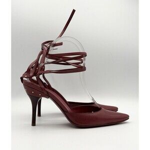 Gucci Dark Red Leather Ankle Tie Stiletto Heels Large "GG" Logo Accent EU 35.5